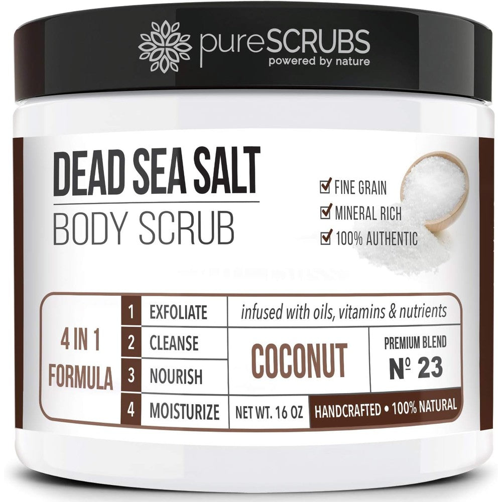 PureScrubs Premium Coconut Body Scrub Set With Dead Sea Salt And Essential Oils 16 Ounce Includes Wooden Spoon Loofah And Oatmeal Exfoliating Soap