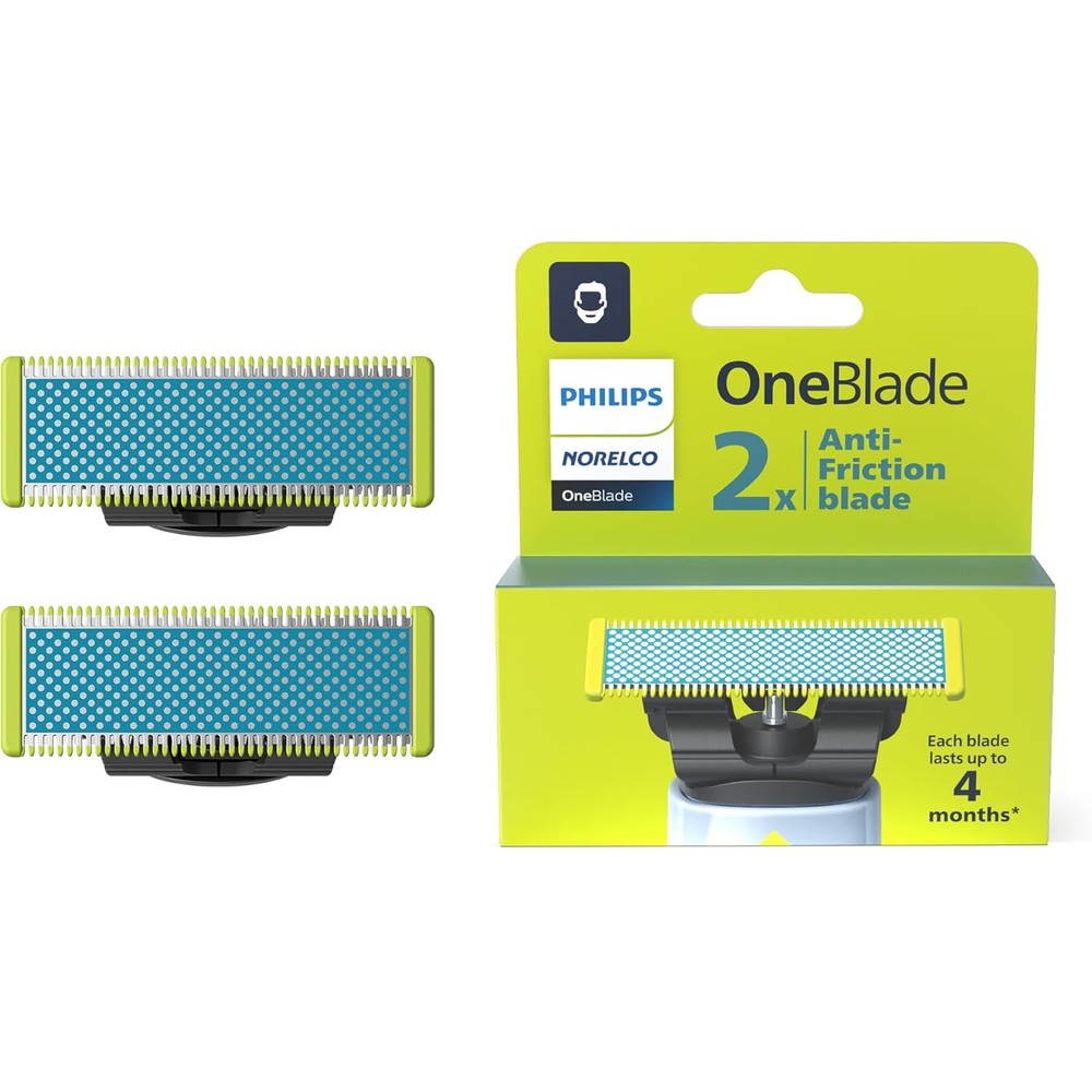 Philips Norelco OneBlade Anti Friction Blade packaging front view showing two replacement heads.
