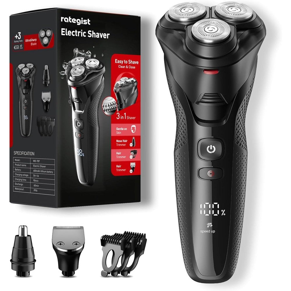 Rategist 3 in 1 cordless electric razor for men front view showing digital battery display screen
