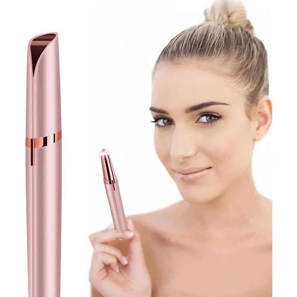 Generic Rose eyebrow and facial hair trimmer front view showing the sleek rose gold design and interchangeable precision head.