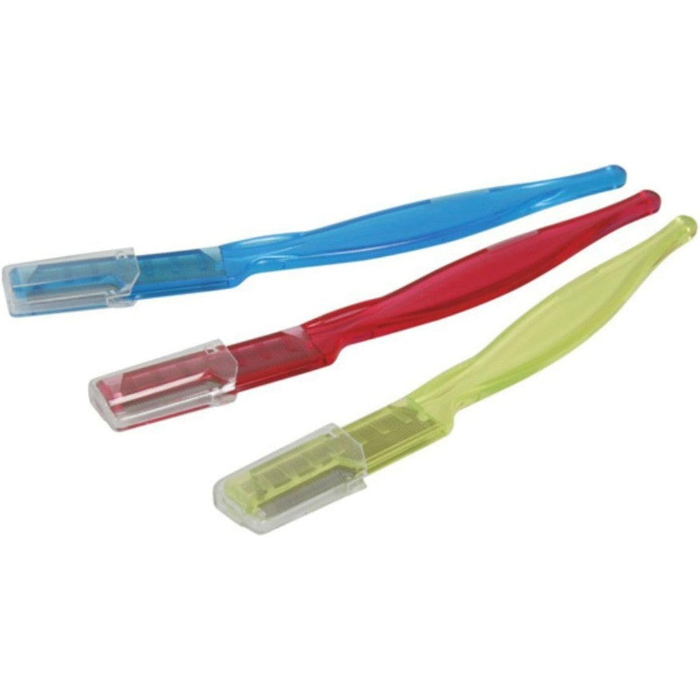 AccuTec Personna DISP Eyebrow Shaper front view showing the protective silver blade and colorful handle.
