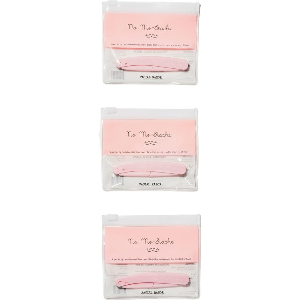 No Mo-Stache Facial Razor Bundle front view showcasing three pink foldable dermaplaning tools for women.