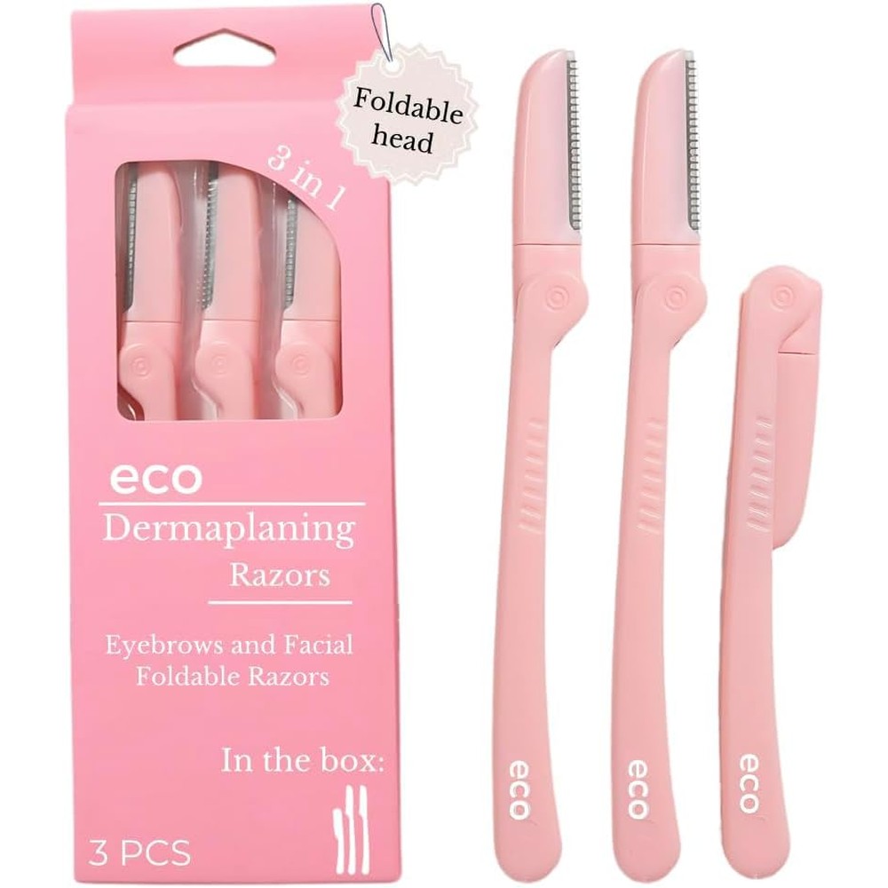 Eco dermaplaning tool three piece pack front view showing pink foldable facial razors.