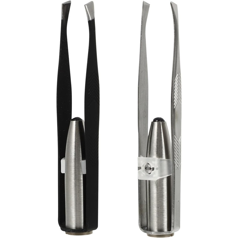 SOLUSTRE LED light tweezers front view showing illuminated stainless steel tips.