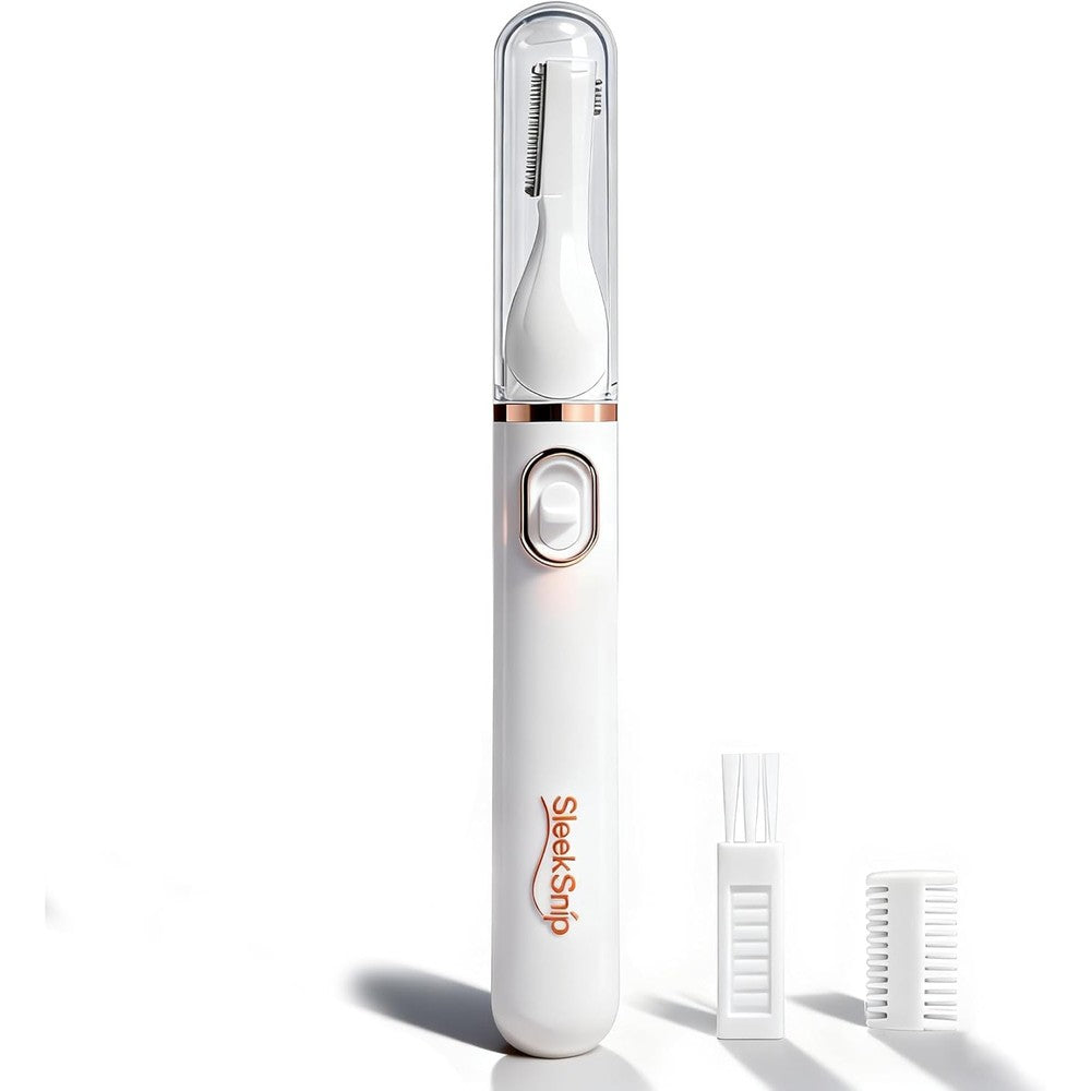 SleekSnip 2025 eyebrow trimmer facial shaver front view showing white body and rose gold power button