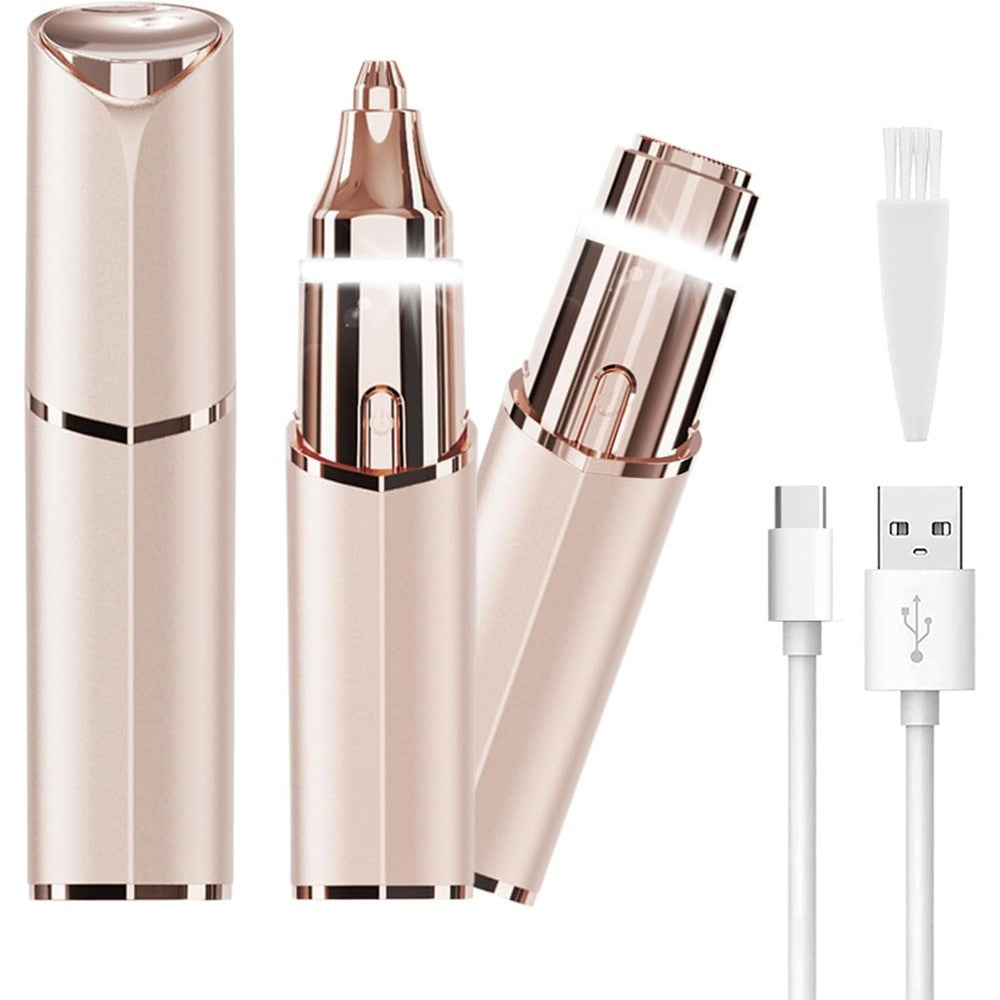Evolvique 2 in 1 facial hair removal eyebrow trimmer gold front view showing dual grooming heads