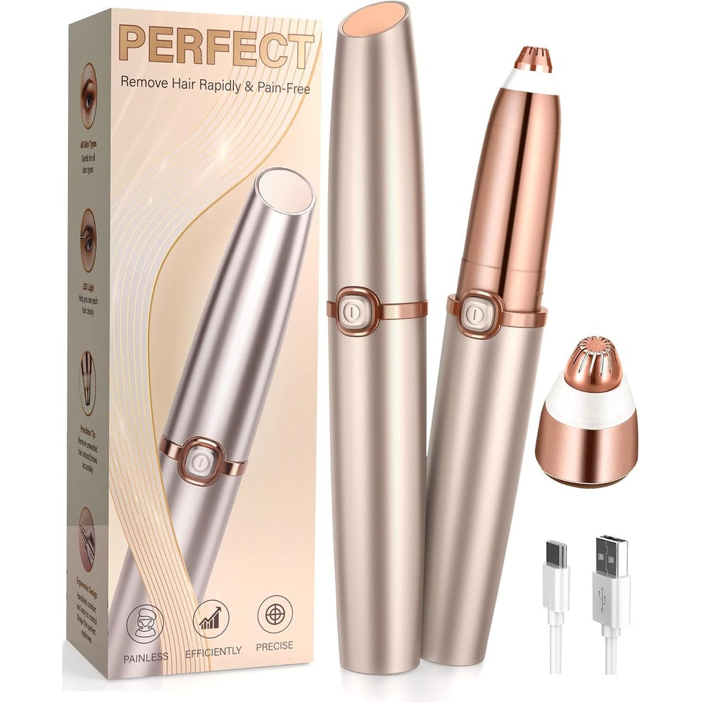 TeethBliss rechargeable eyebrow trimmer for women front view displaying sleek rose gold finish pen design