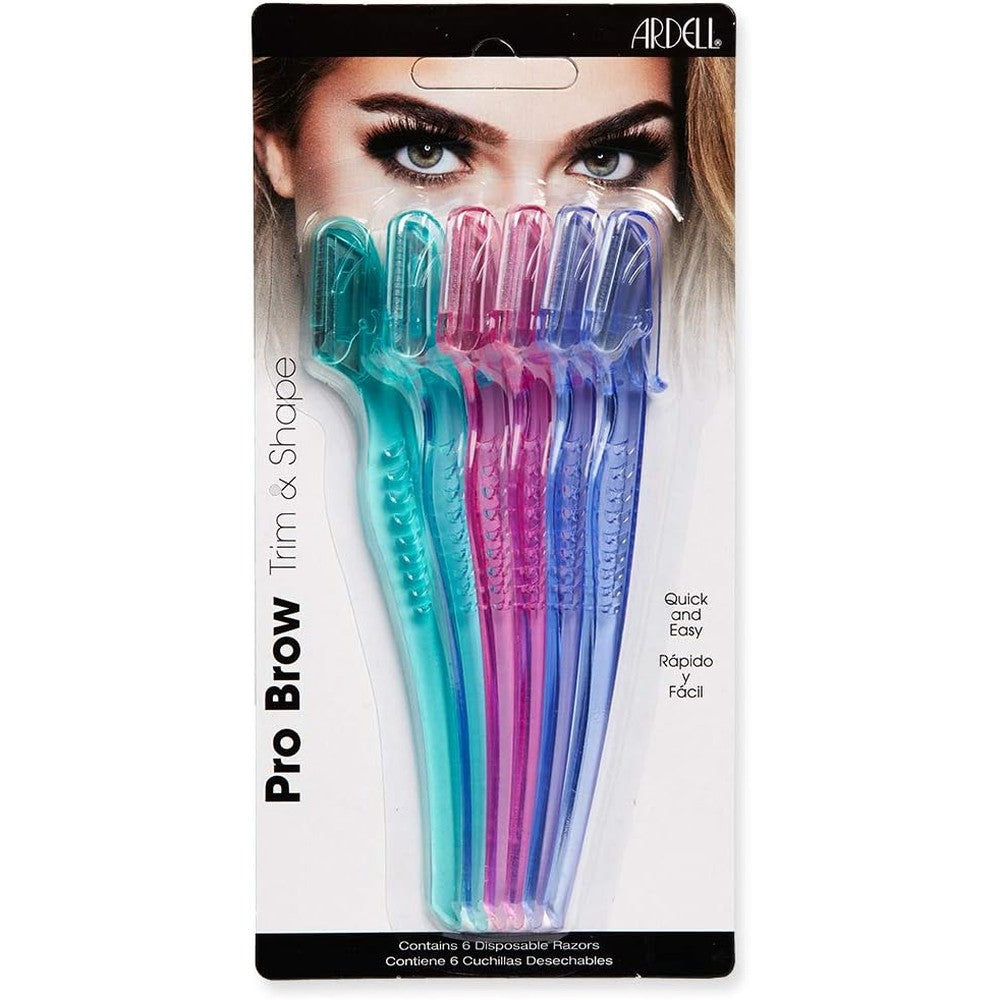 Ardell Pro Brow Trim and Shape packaging showing six colorful disposable eyebrow razors for women.
