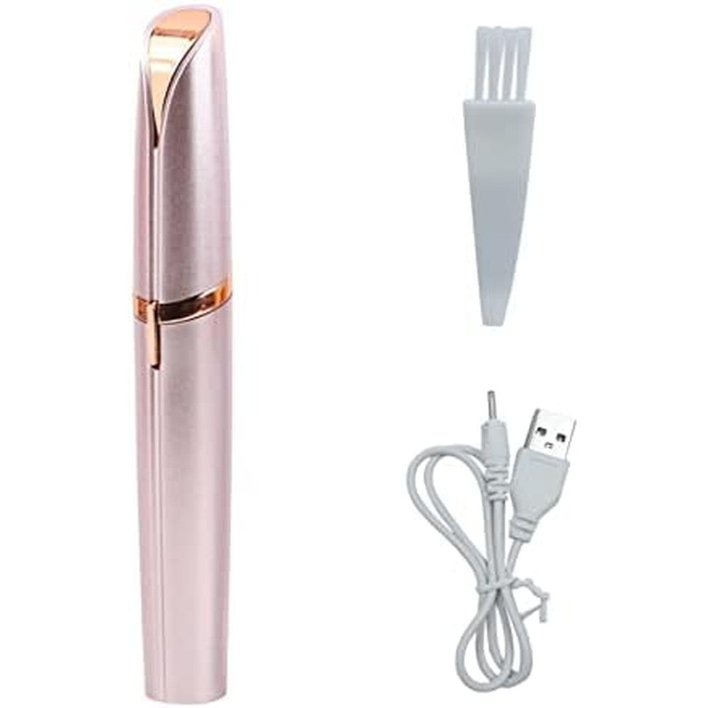 LiXiongBao electric eyebrow trimmer pen in rose gold front view showing the precision micro-blade head.