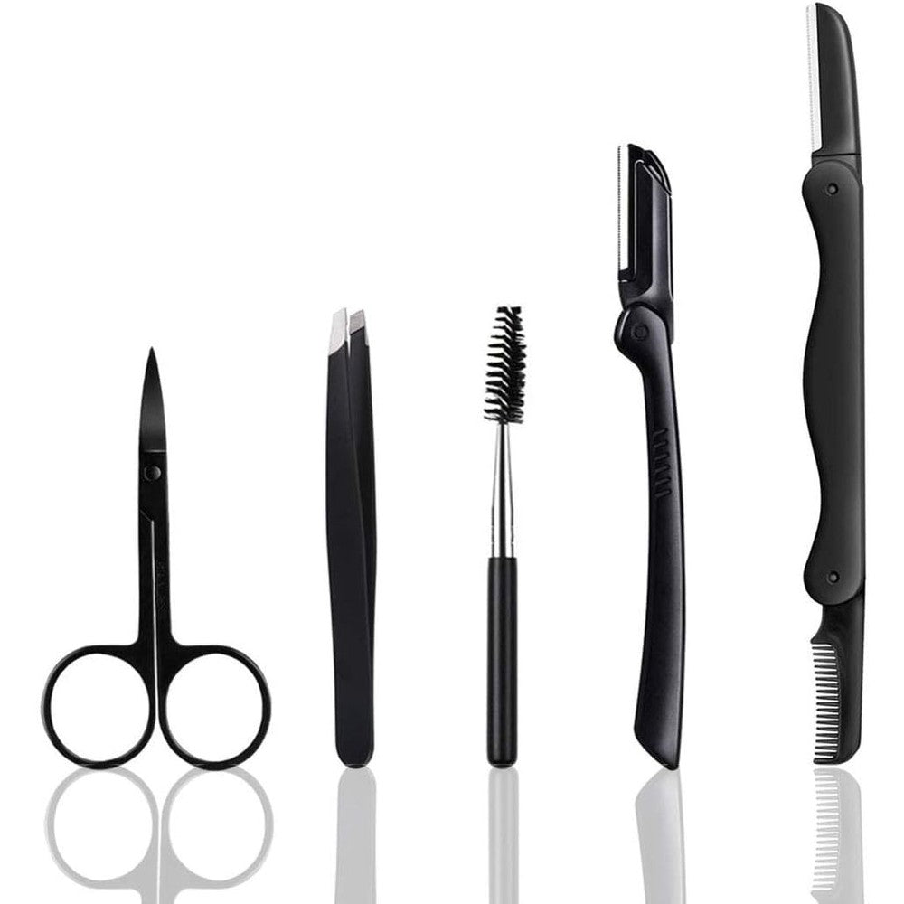 Summer Lemon professional eyebrow grooming kit front view showcasing five matte black tools