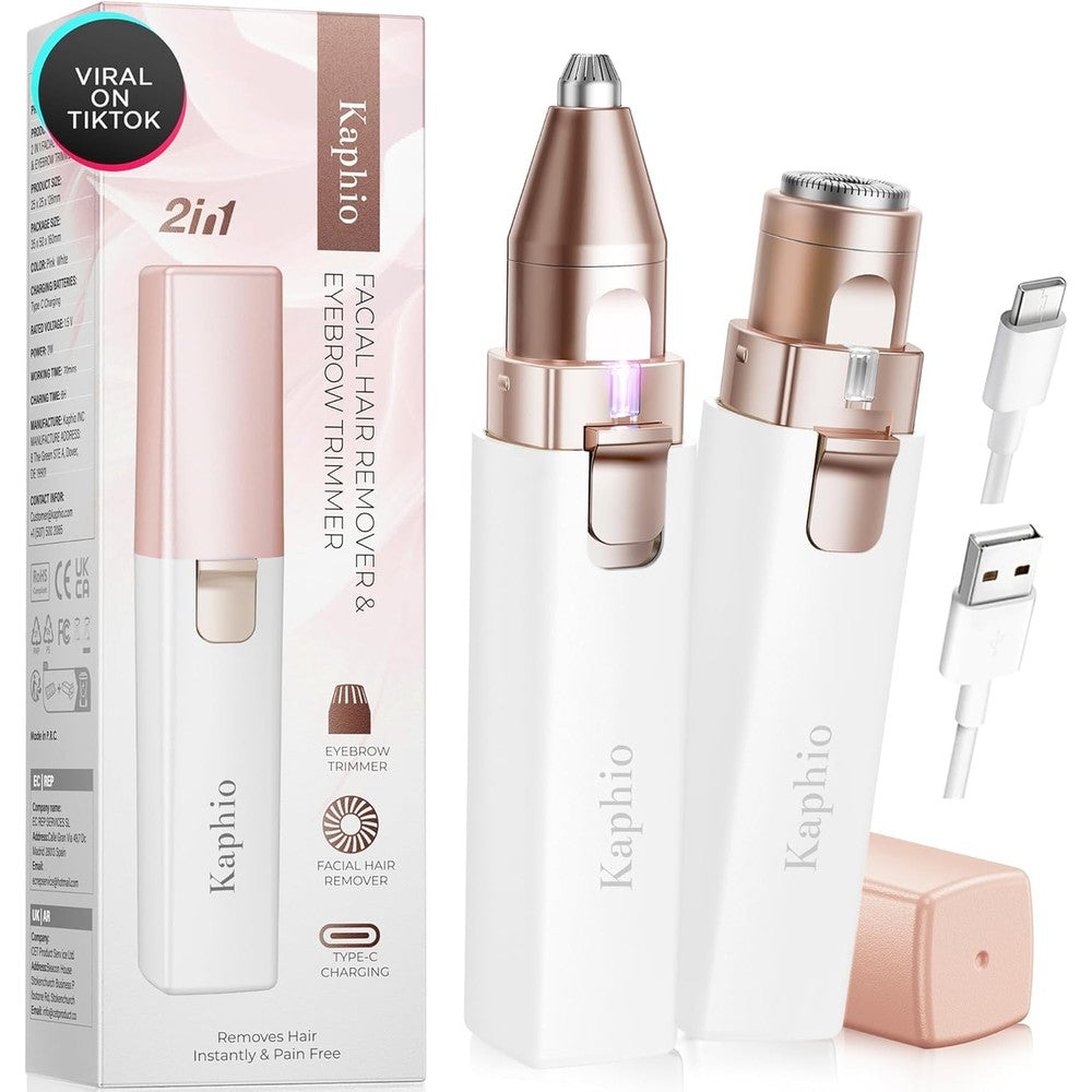 Kaphio 2 in 1 eyebrow facial hair remover front view showcasing white and gold design