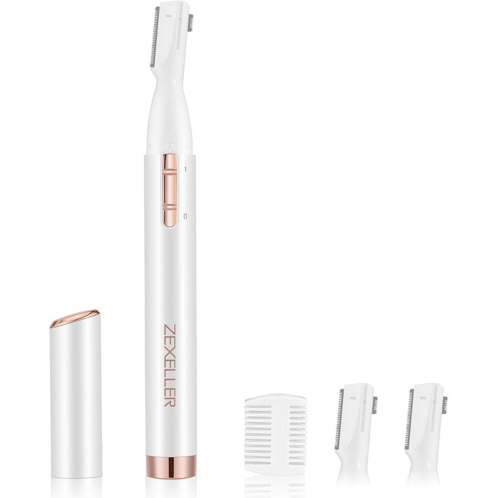 ZEXELLER Upgraded Eyebrow Trimmer front view showing the sleek white and rose gold body.