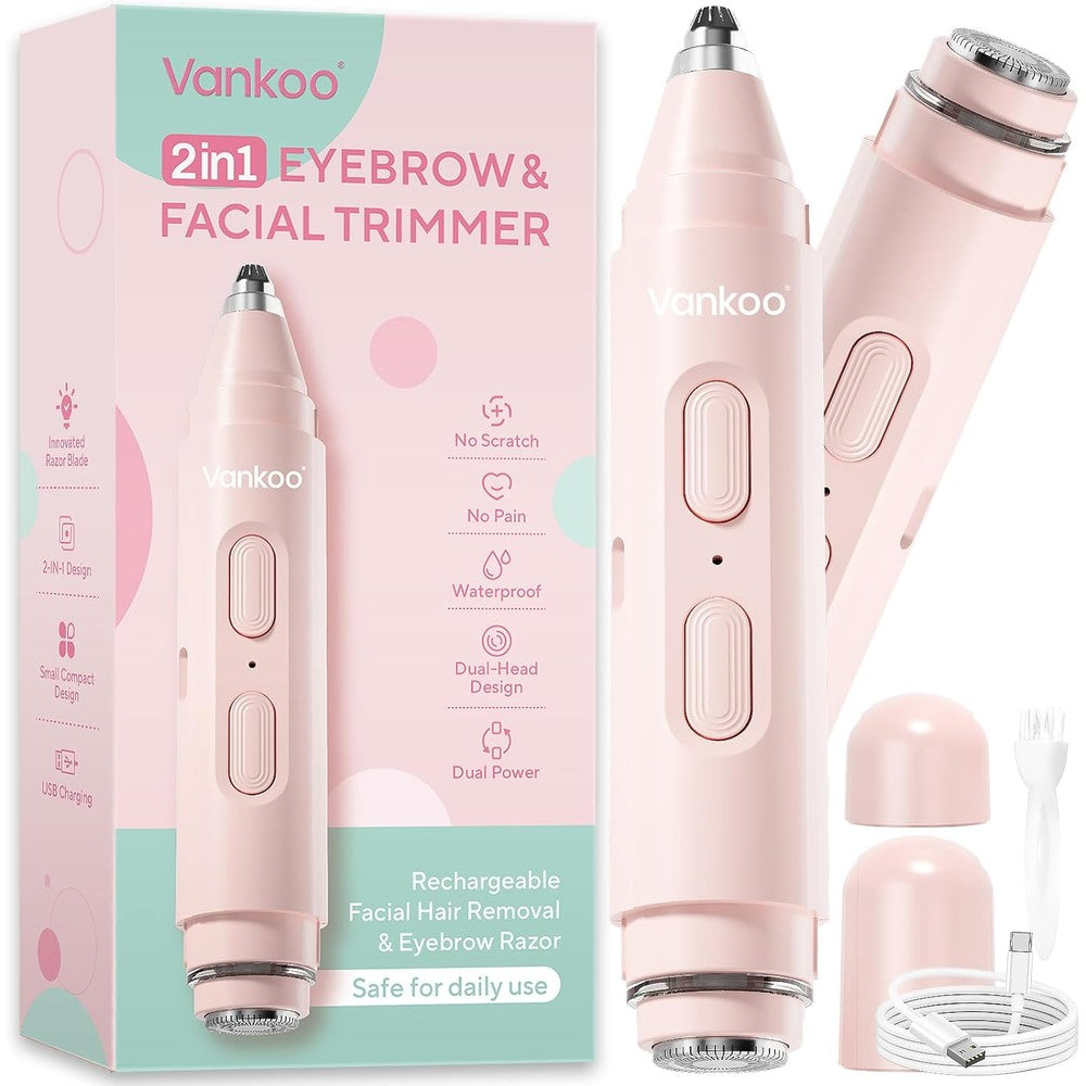 Vankoo 2 in 1 facial hair remover and eyebrow trimmer front view showing the pastel pink design.
