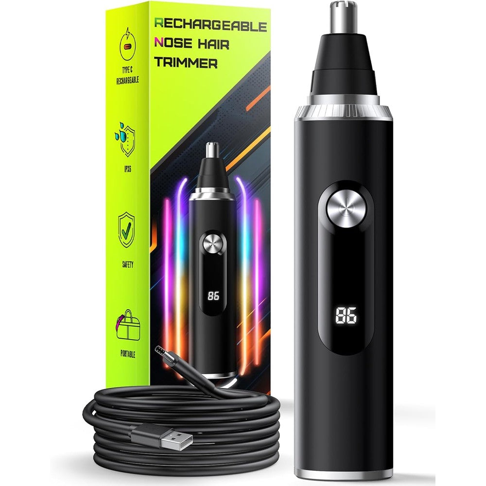 Savilab Nose Hair Trimmer front view showing the digital LED battery display on the sleek black body.