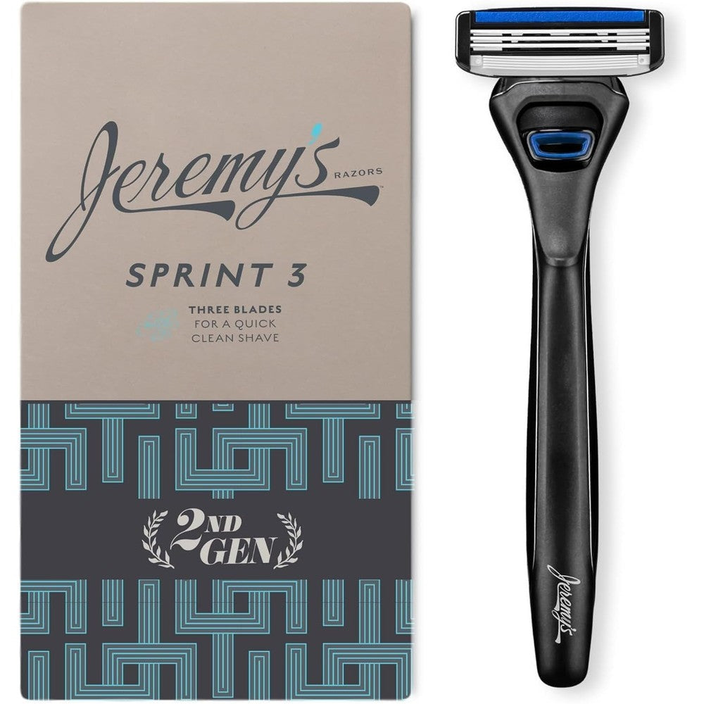 Jeremy's Razors For Men Sprint Three Blade Shaving Essentials Kit front view showcasing the premium black ergonomic handle and cartridge.