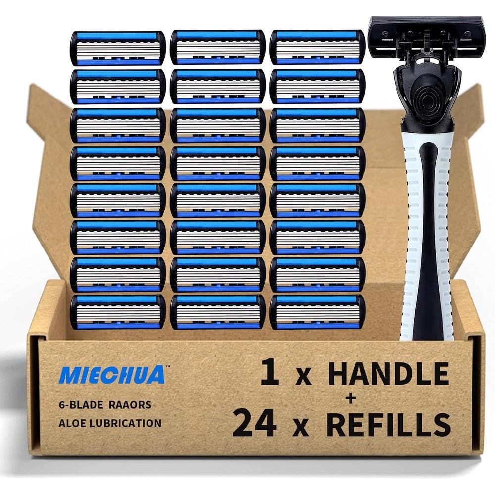 Miechua 6 blade razor front view showing the black and white ergonomic handle