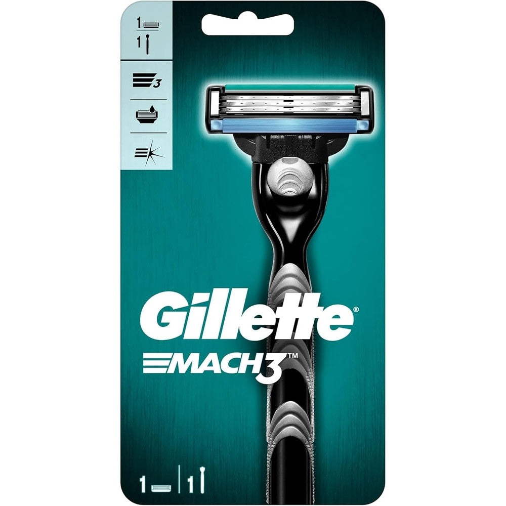 Gillette Mach3 Turbo refillable razor handle with blade cartridge close up front view