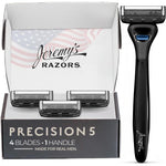 Jeremy's Razors Precision Five Blade Shaving Starter Kit front view showing handle and four replacement cartridges