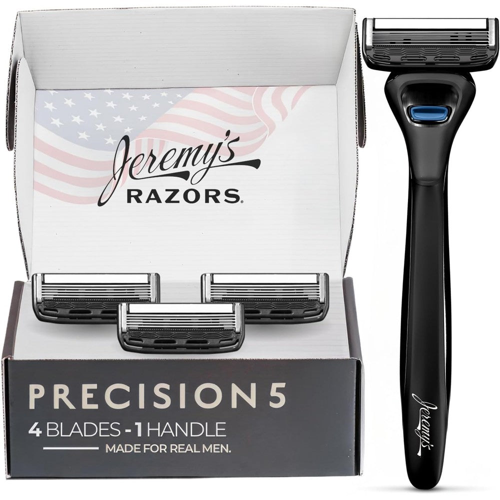 Jeremy's Razors Precision Five Blade Shaving Starter Kit front view showing handle and four replacement cartridges