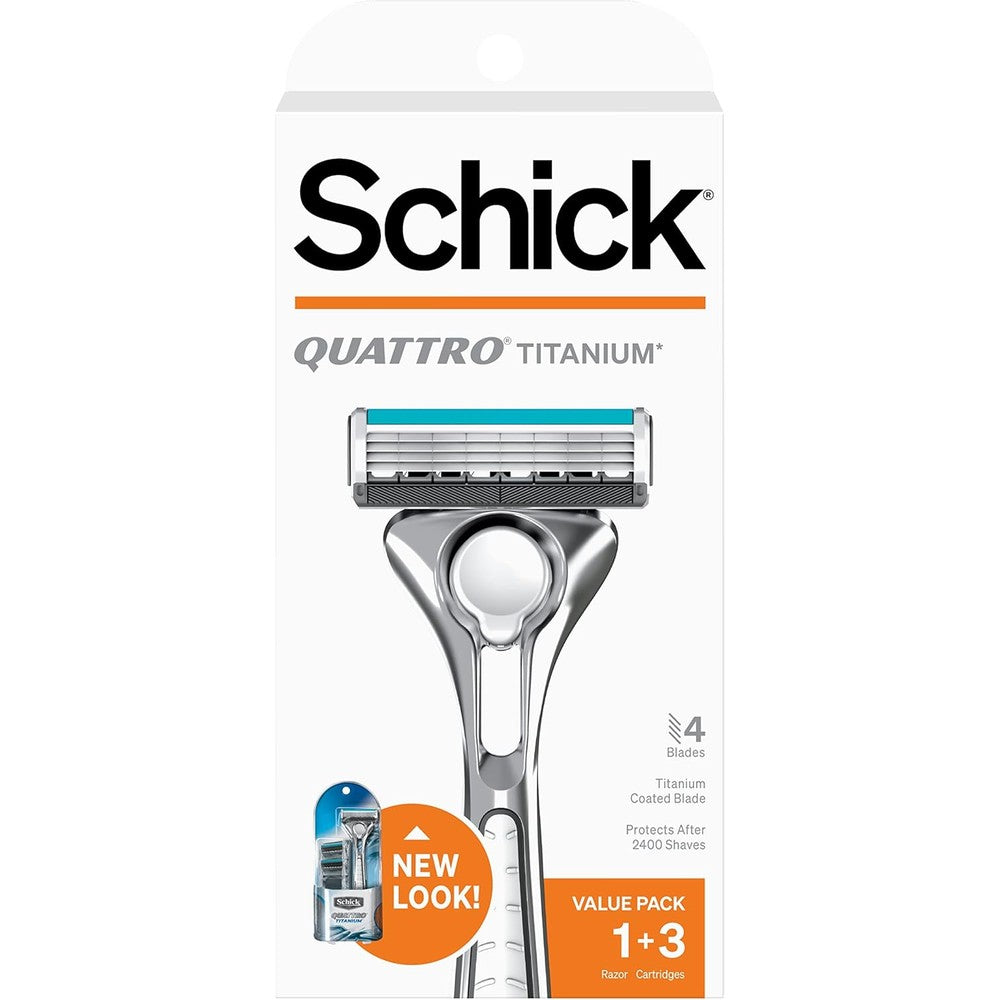 Schick Quattro Titanium Razor value pack front packaging view featuring one handle and three refill cartridges.