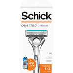 Schick Quattro Titanium Razor value pack front packaging view featuring one handle and three refill cartridges.