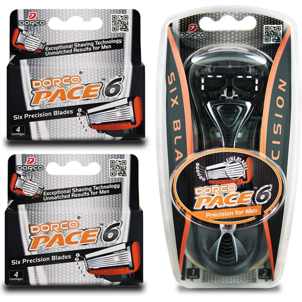 Dorco Pace 6 Six Blade Razor System Value Pack front view packaging showcasing handle and cartridges