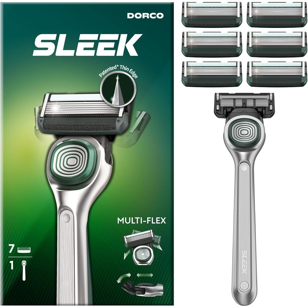 DORCO SLEEK 6 blade men razor front view showing the matte silver ergonomic handle and cartridge system.