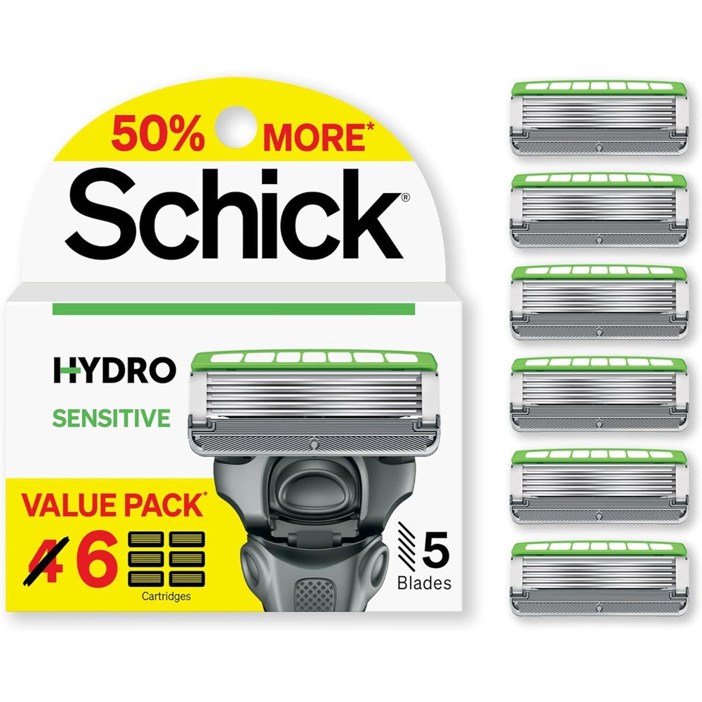 Schick Hydro Sensitive Men Razor Refills front view of six count packaging showcasing five blade design