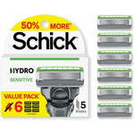 Schick Hydro Sensitive Men Razor Refills front view of six count packaging showcasing five blade design
