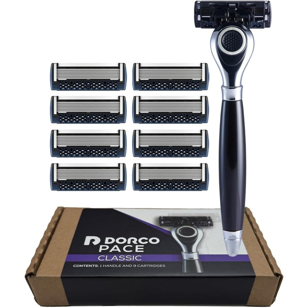 DORCO Pace Classic seven blade razor system front packaging view showcasing the vintage style handle and multiple cartridges