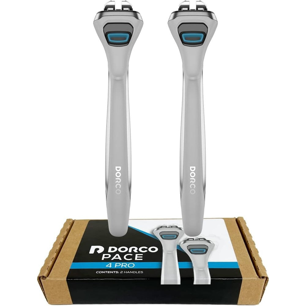 Dorco Pace 4 Pro replacement handles pack showing the dual white and rubber grooming handles front view.