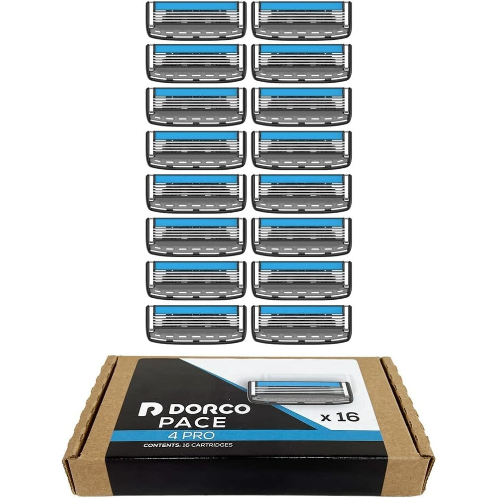 Dorco Pace 4 Pro front view of the sixteen replacement cartridge value pack box.