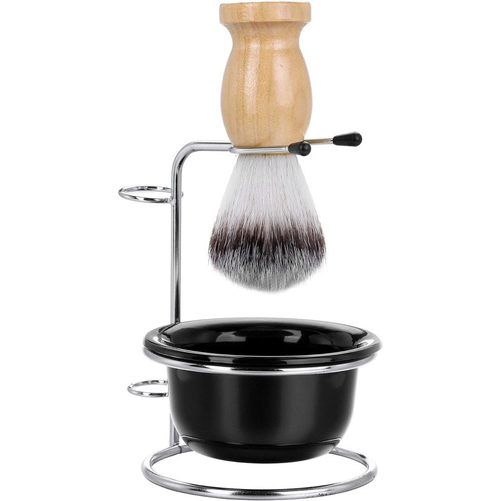 FALETO stainless steel shaving brush stand holder and soap bowl set front view on a bathroom counter