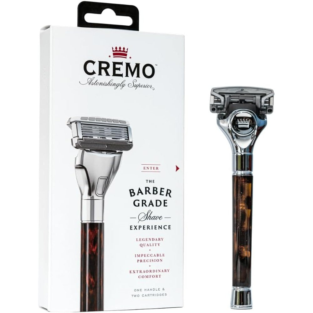 Cremo Tortoise Shell Razor Kit with weighted horn handle and 5-blade cartridge