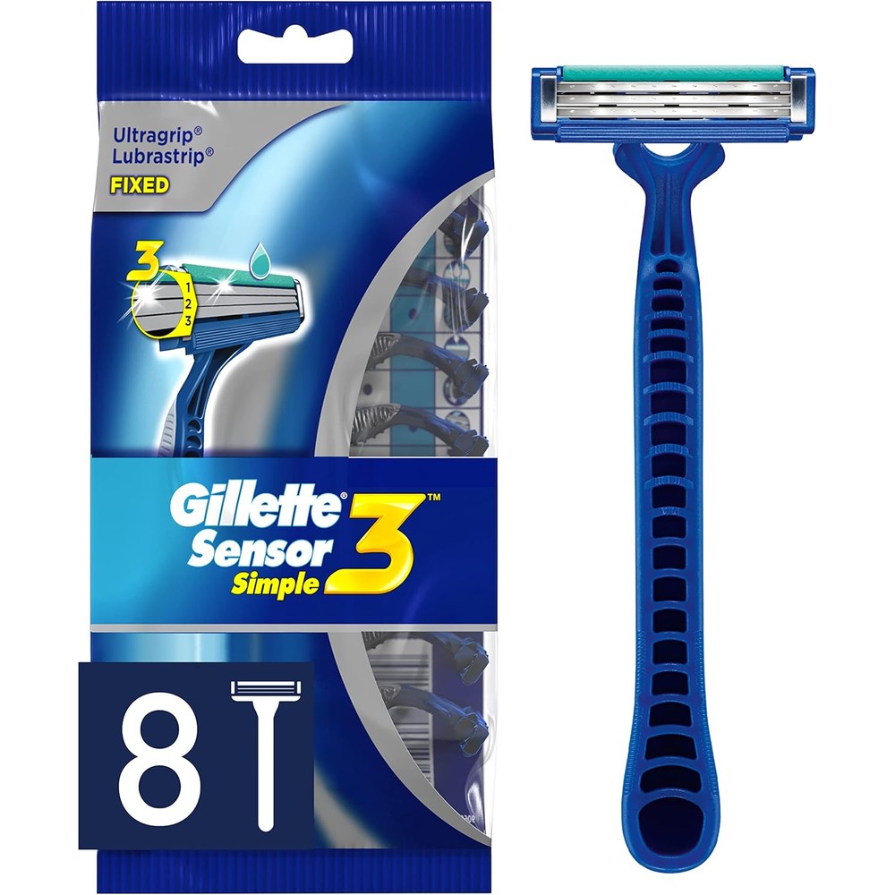 Gillette Sensor3 Simple Men's Disposable Razors 8 count package front view