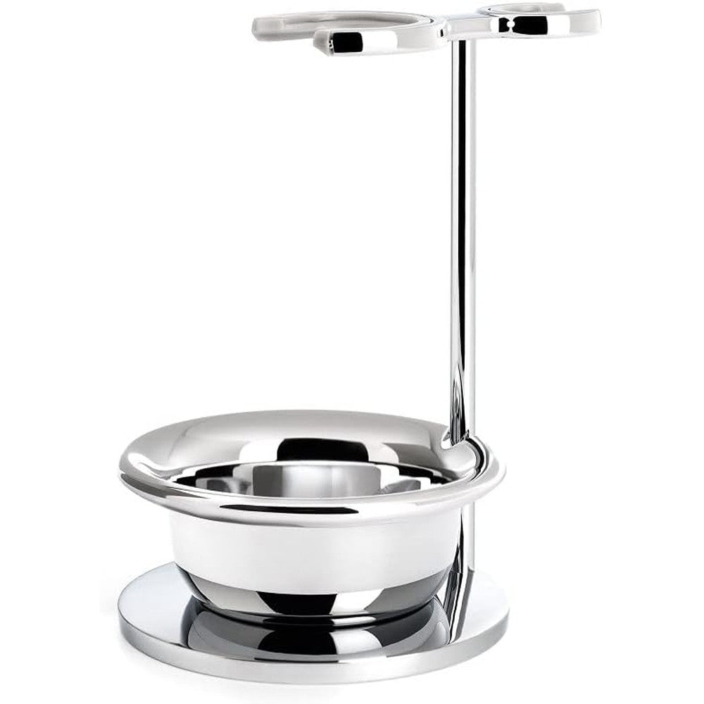 MÜHLE VIVO and RYTMO series stand front view showcasing chrome finish and matching bowl