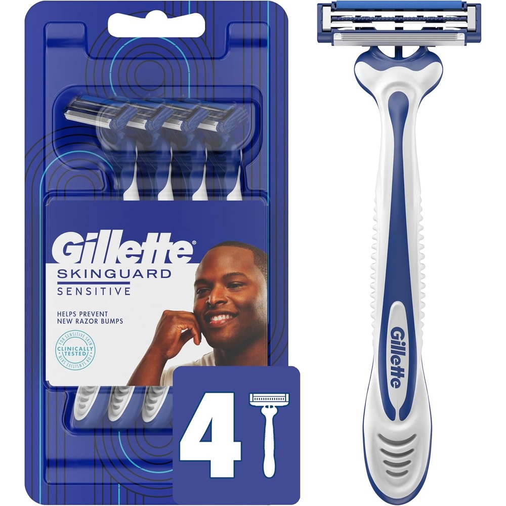 Gillette SkinGuard Sensitive Disposable Razors for men 4 count pack front view showcasing the irritation defense bar technology.