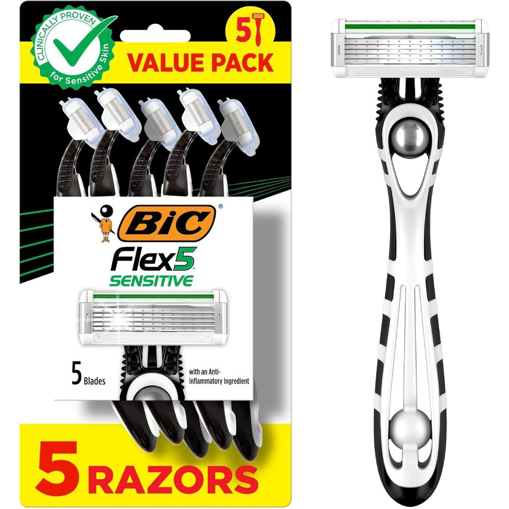 BIC Flex 5 Sensitive Men's Disposable 5-Blade Razors front view packaging
