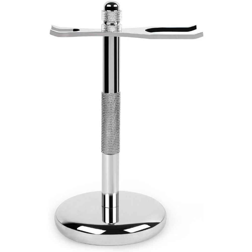 QSHAVE Deluxe Chrome Razor and Brush Stand Holder front view highlighting the polished silver finish on a bathroom counter.