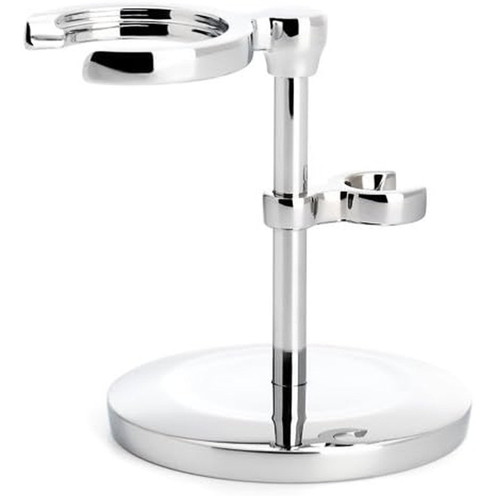 MÜHLE Chrome Stand for Traditional Safety Razors front view showing premium dual holder setup.