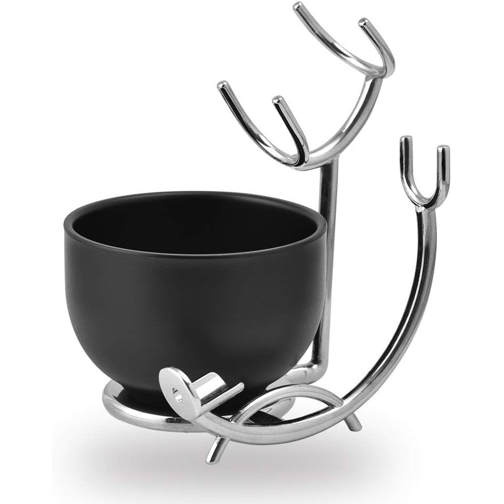 JEQUIL&CORENVEO deluxe razor and shaving brush stand with black bowl front view