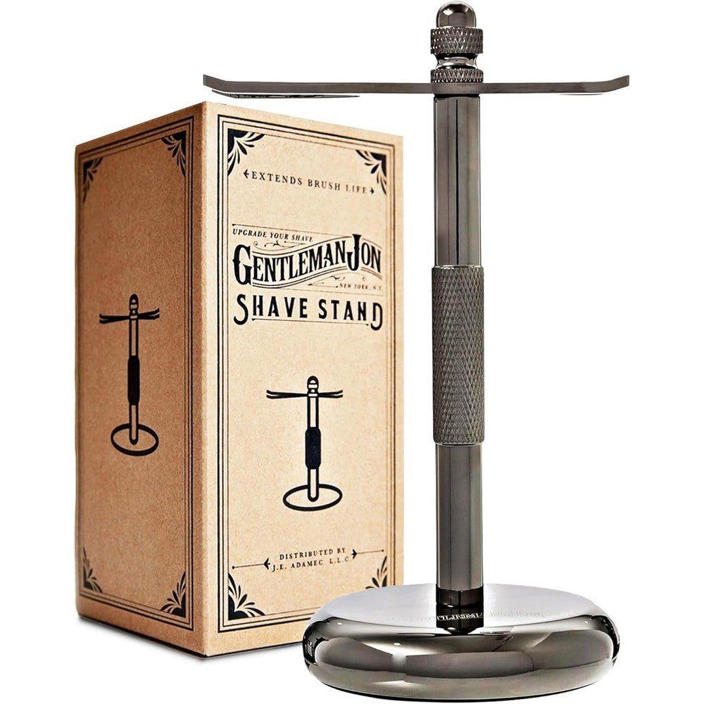 Gentleman Jon Shaving Stand front view displaying gunmetal chrome finish
