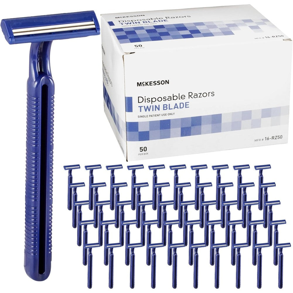 McKesson disposable razors 50 count blue twin blade front view