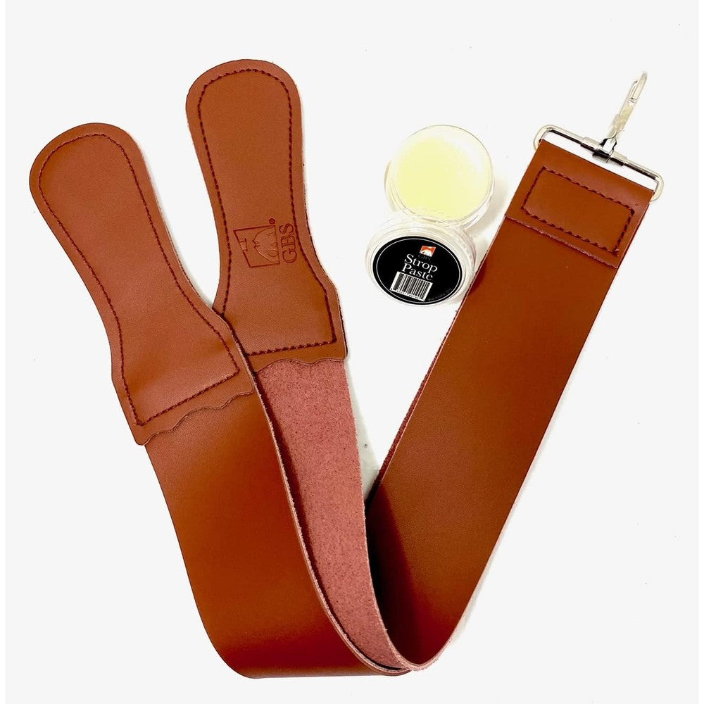 G.B.S leather razor strop front view showing dual straps and swivel clip