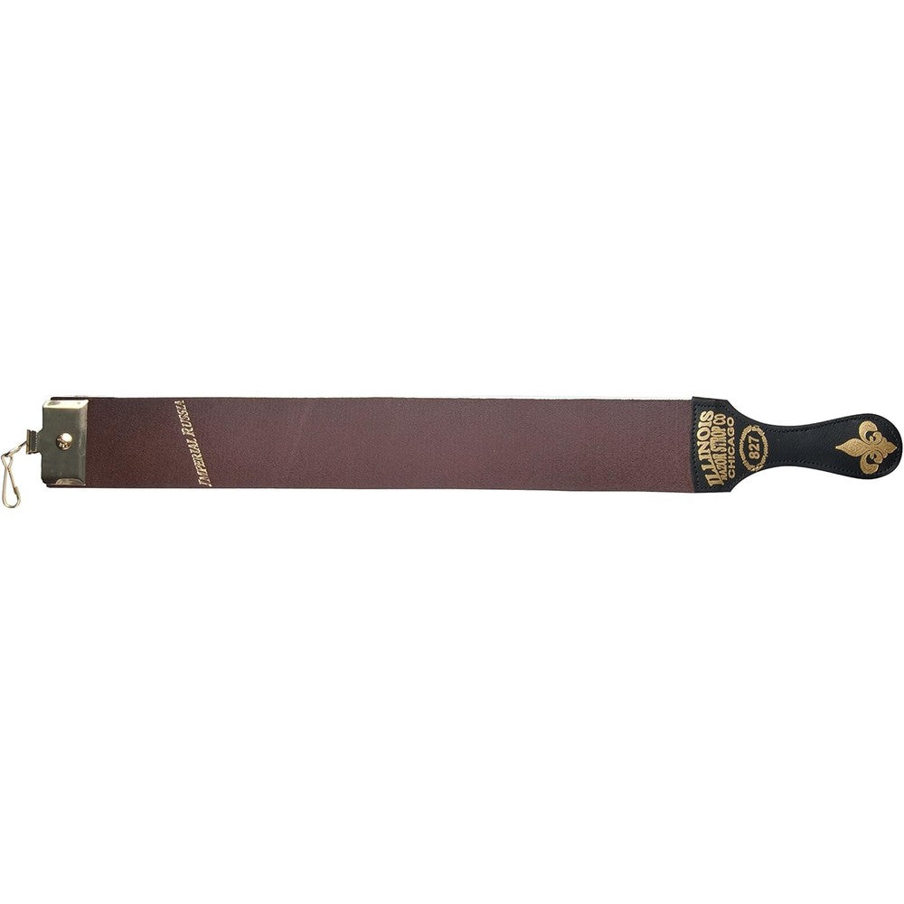 Diane Fromm Razor Strop front view of American cowhide leather side with hanging swivel clip