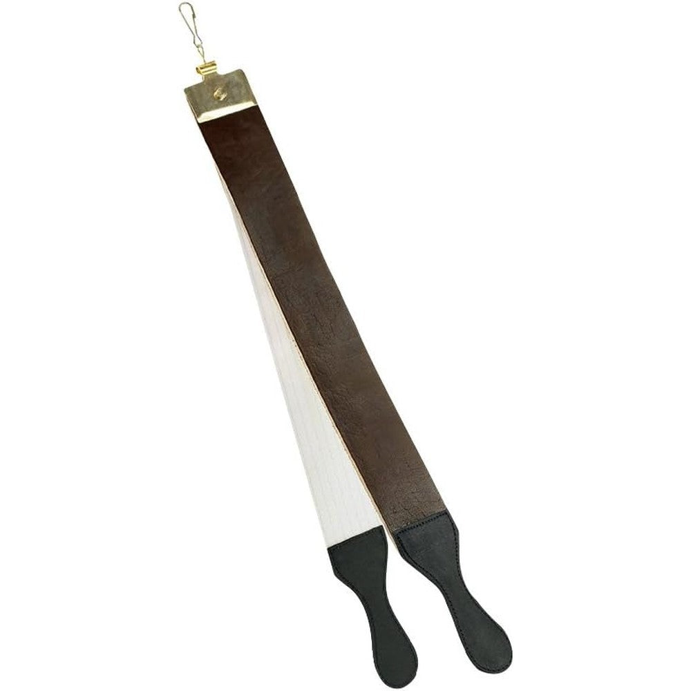 Scalpmaster Barber Strop front view showing genuine horsehide leather and canvas dual sides for straight razor sharpening.