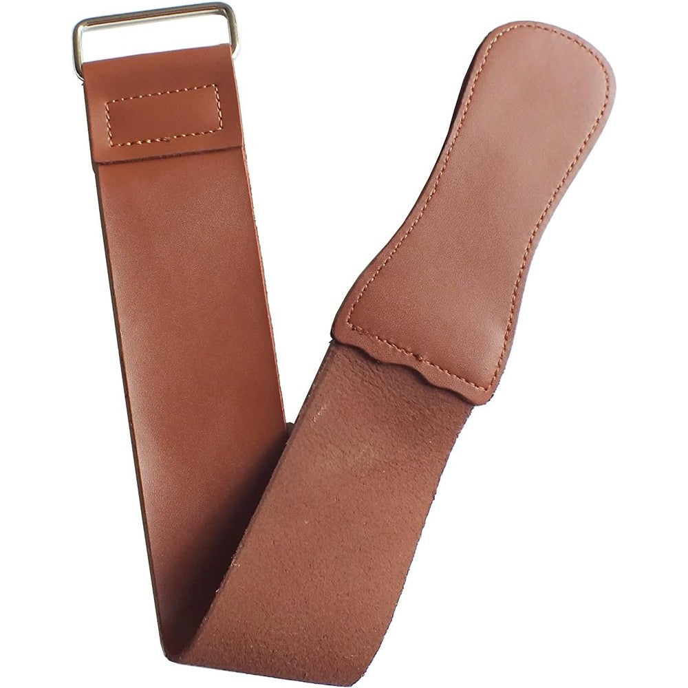 TechDiamondTools Pro Barber Shaving Strop front view showing the dual sided leather and canvas construction for razor sharpening