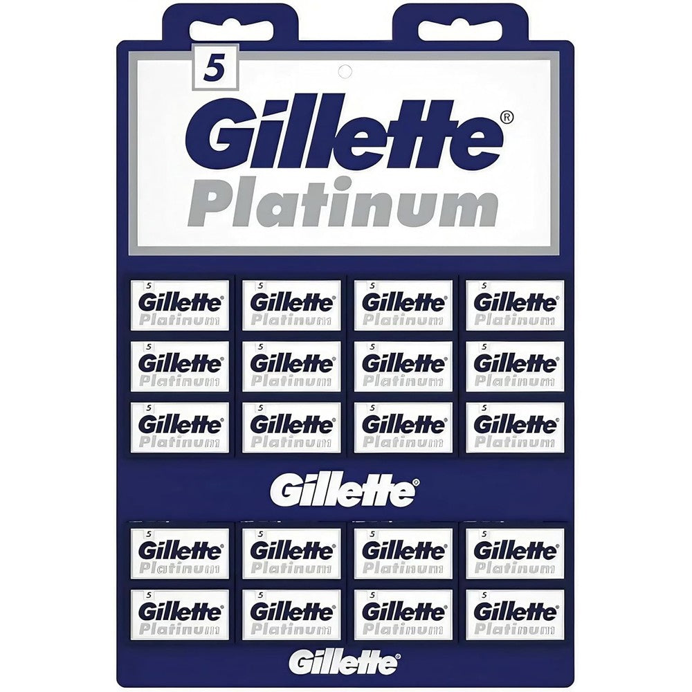 Gillette Platinum Blue double edge safety razor blades 100 pack retail display card front view