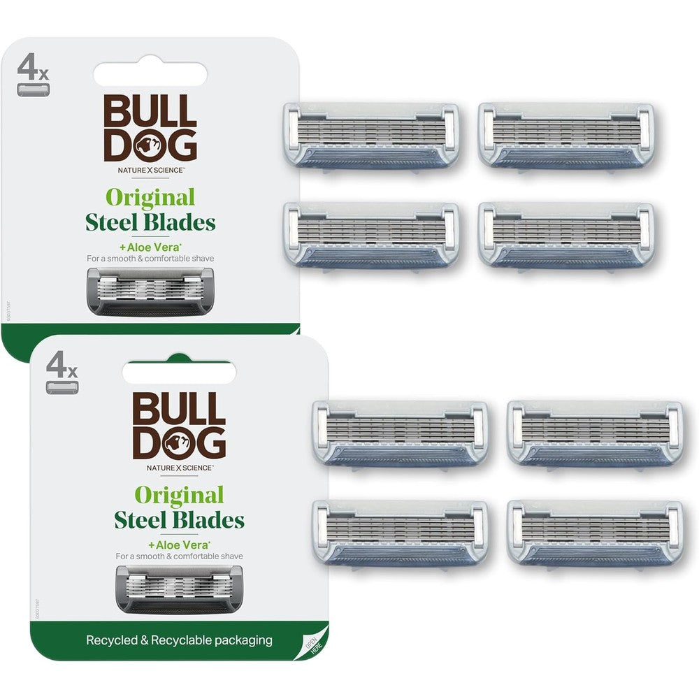 Bulldog Skincare for Men Original Razor Blades Refills 8 Count pack front view highlighting premium imported steel cartridges.