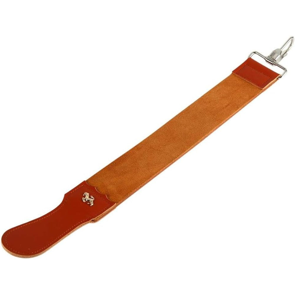 Qioni Genuine Leather Strop Belt front view showing the dual textured sharpening sides.